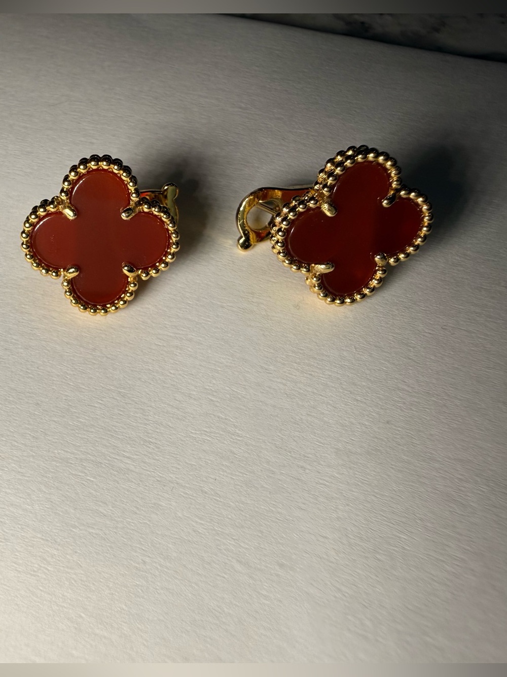 Gold-Tone Clover Drop Earrings in Deep Red